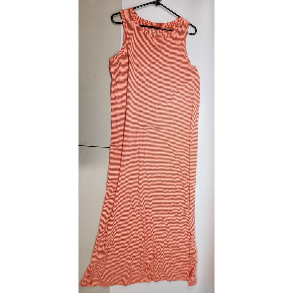Eddie Bauer Orange White Striped Sleeveless Midi Dress Size Large L Casual
